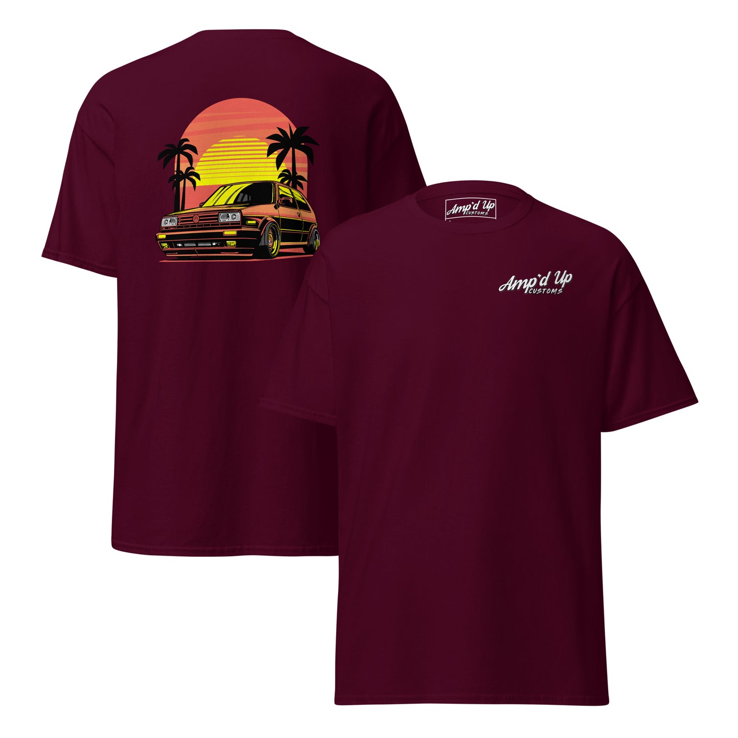 Maroon Sunset Volkswagen T-Shirt featuring a vibrant back illustration with a classic car and palm trees