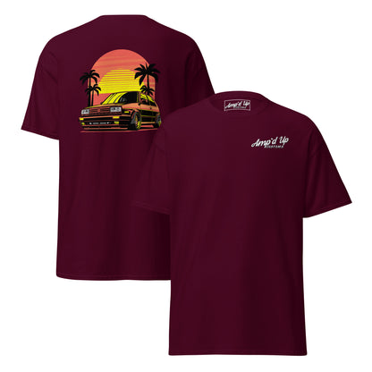 Maroon Sunset Volkswagen T-Shirt featuring a vibrant back illustration with a classic car and palm trees
