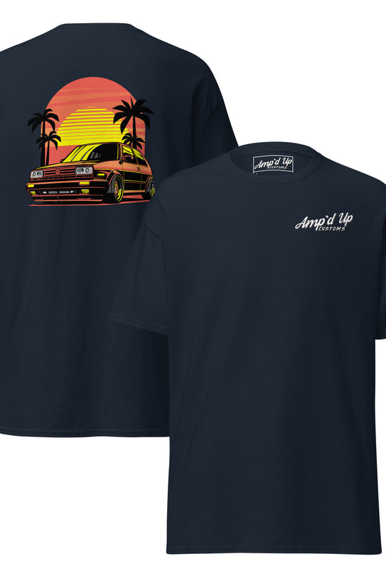Sunset Volkswagen T-Shirt featuring a colorful back illustration with a classic car and palm trees