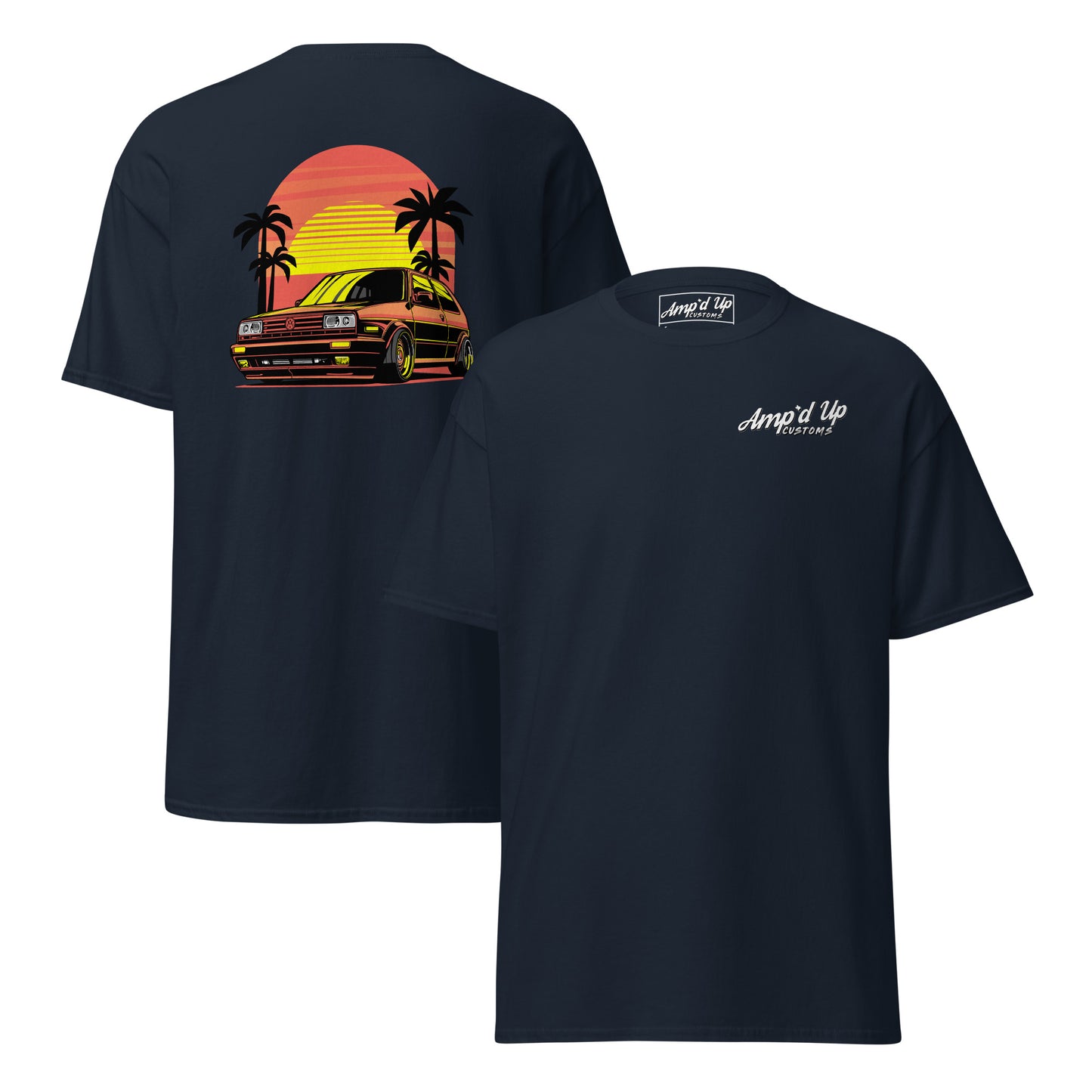 Sunset Volkswagen T-Shirt featuring a colorful back illustration with a classic car and palm trees