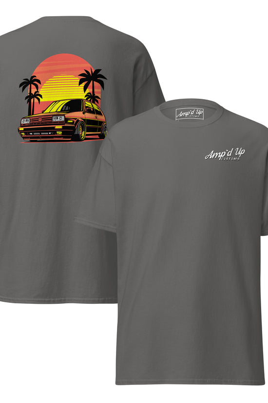 Amp'd Up Custom Sunset Volkswagen T-Shirt with retro car and palm tree back illustration