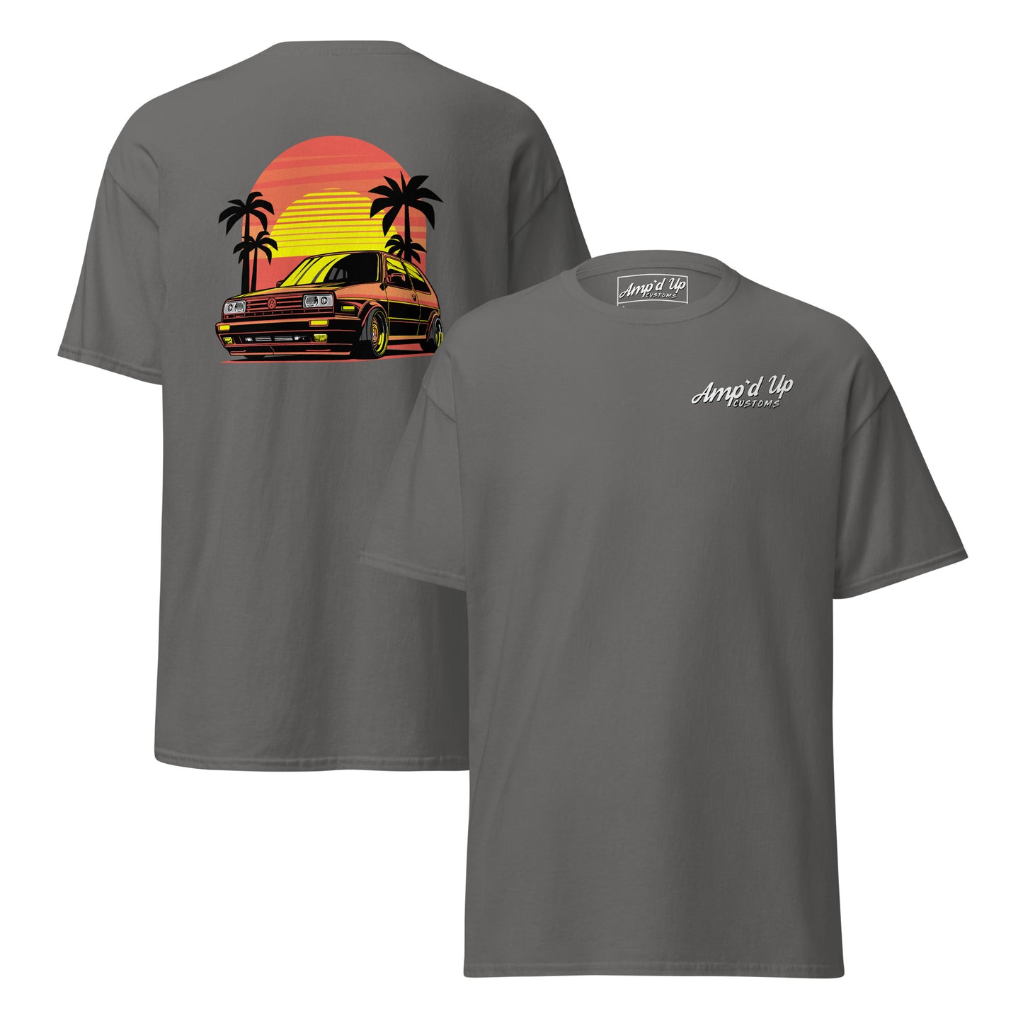 Amp'd Up Custom Sunset Volkswagen T-Shirt with retro car and palm tree back illustration
