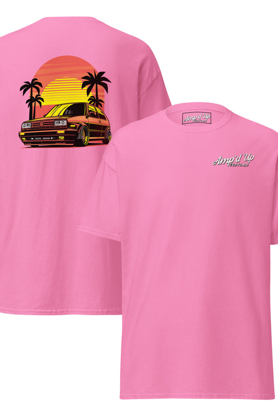 Pink Sunset Volkswagen T-Shirt with Back Illustration of a Car and Palm Trees