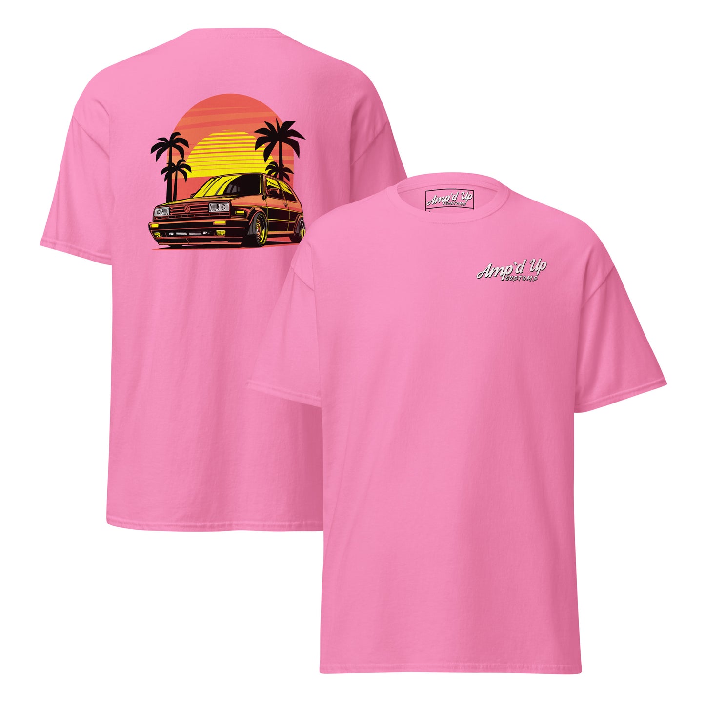 Pink Sunset Volkswagen T-Shirt with Back Illustration of a Car and Palm Trees