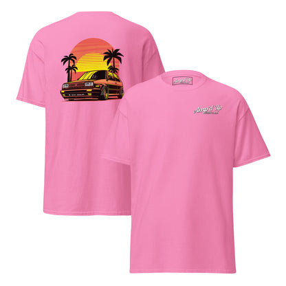 Pink Sunset Volkswagen T-Shirt with Back Illustration of a Car and Palm Trees
