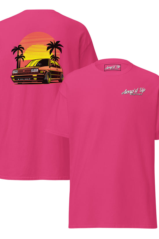 Pink Sunset Volkswagen T-Shirt with Back Illustration Featuring a Car and Palm Trees