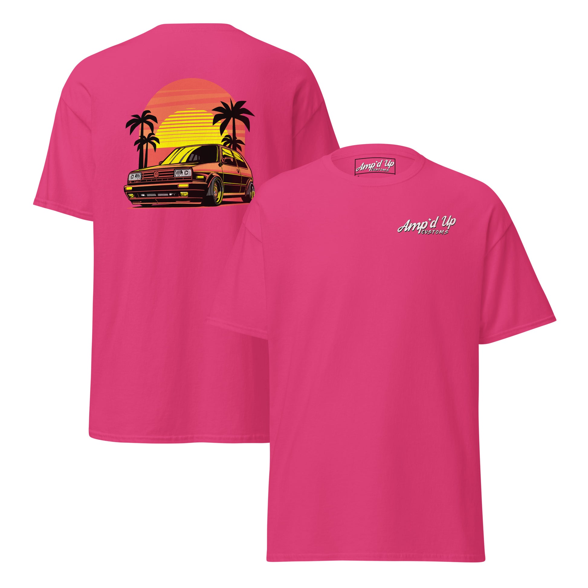 Pink Sunset Volkswagen T-Shirt with Back Illustration Featuring a Car and Palm Trees
