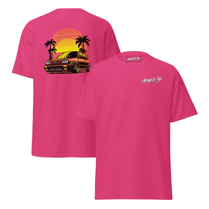 Pink Sunset Volkswagen T-Shirt with Back Illustration Featuring a Car and Palm Trees