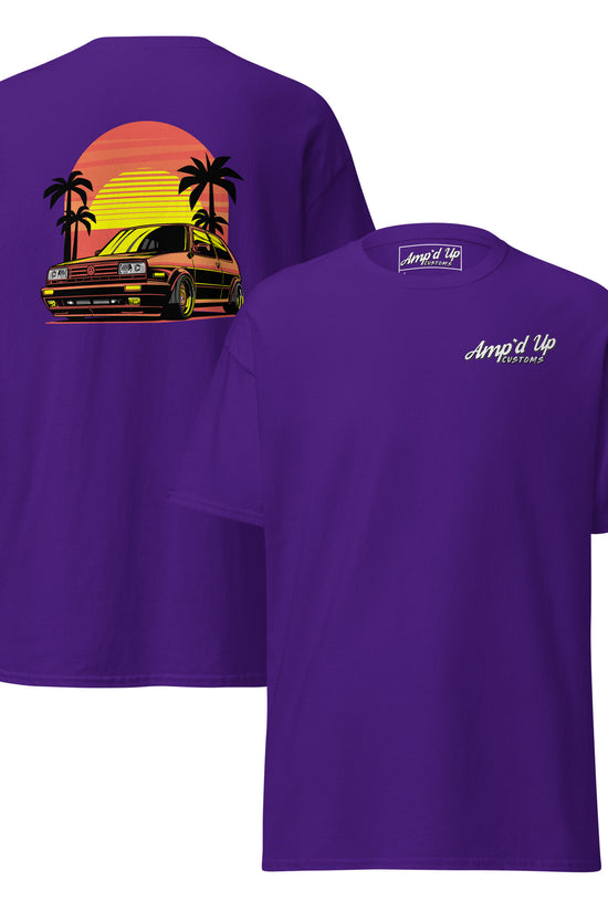 Purple Sunset Volkswagen T-Shirt with vibrant back illustration featuring a car and palm trees