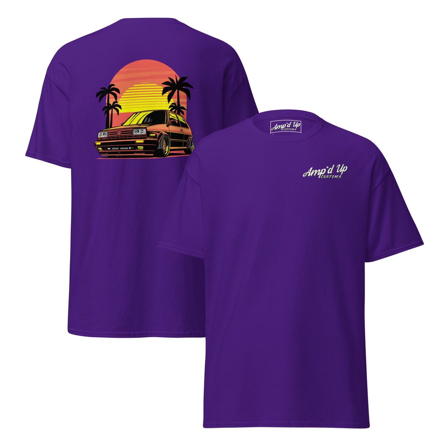 Purple Sunset Volkswagen T-Shirt with vibrant back illustration featuring a car and palm trees