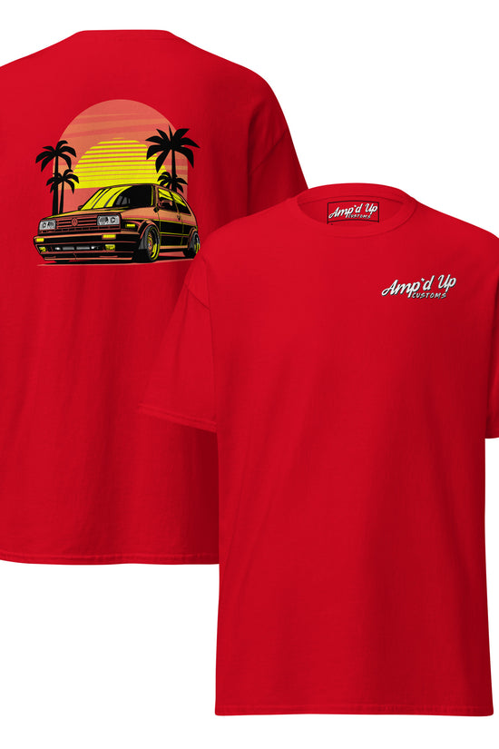 Red Sunset Volkswagen T-Shirt with back illustration featuring palm trees and a retro car