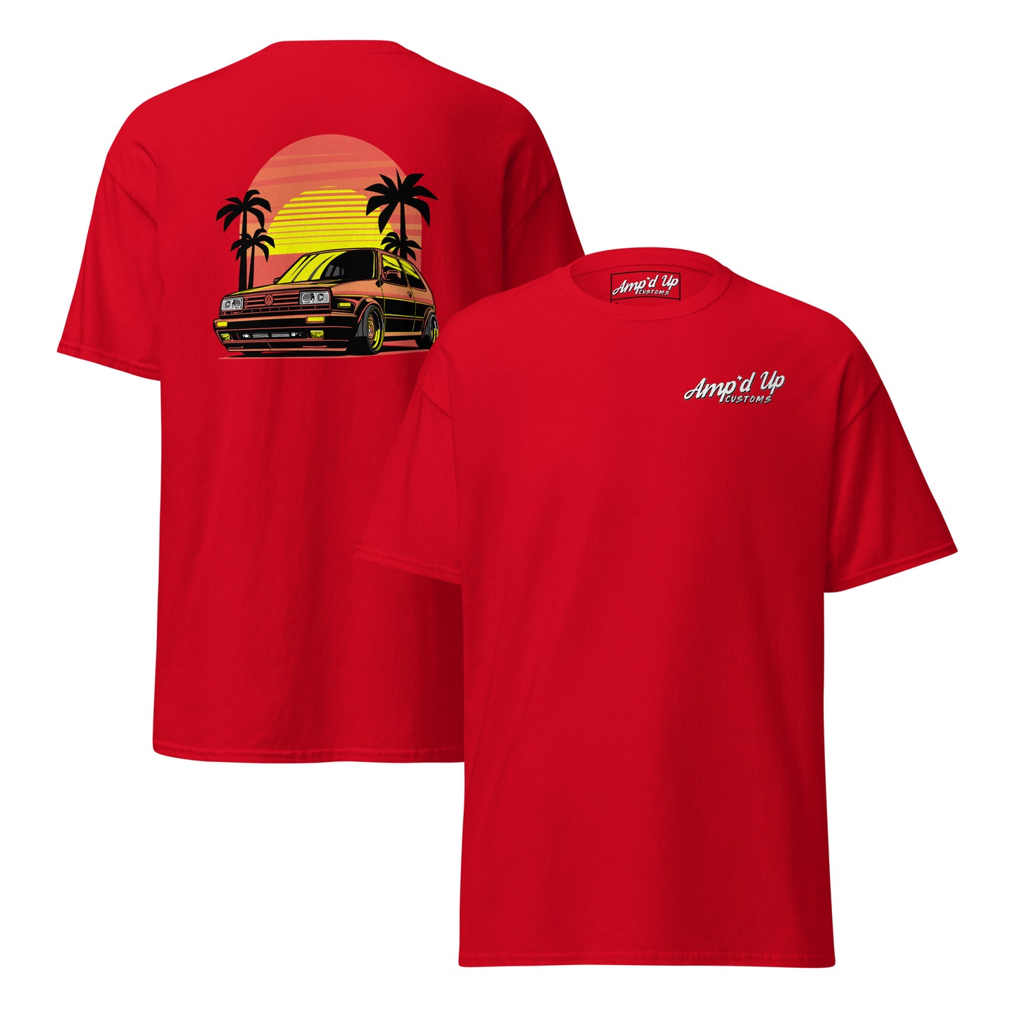 Red Sunset Volkswagen T-Shirt with back illustration featuring palm trees and a retro car