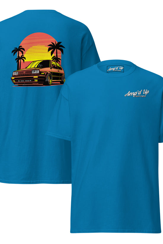 Sunset Volkswagen T-Shirt featuring a vibrant back illustration of a car and palm trees
