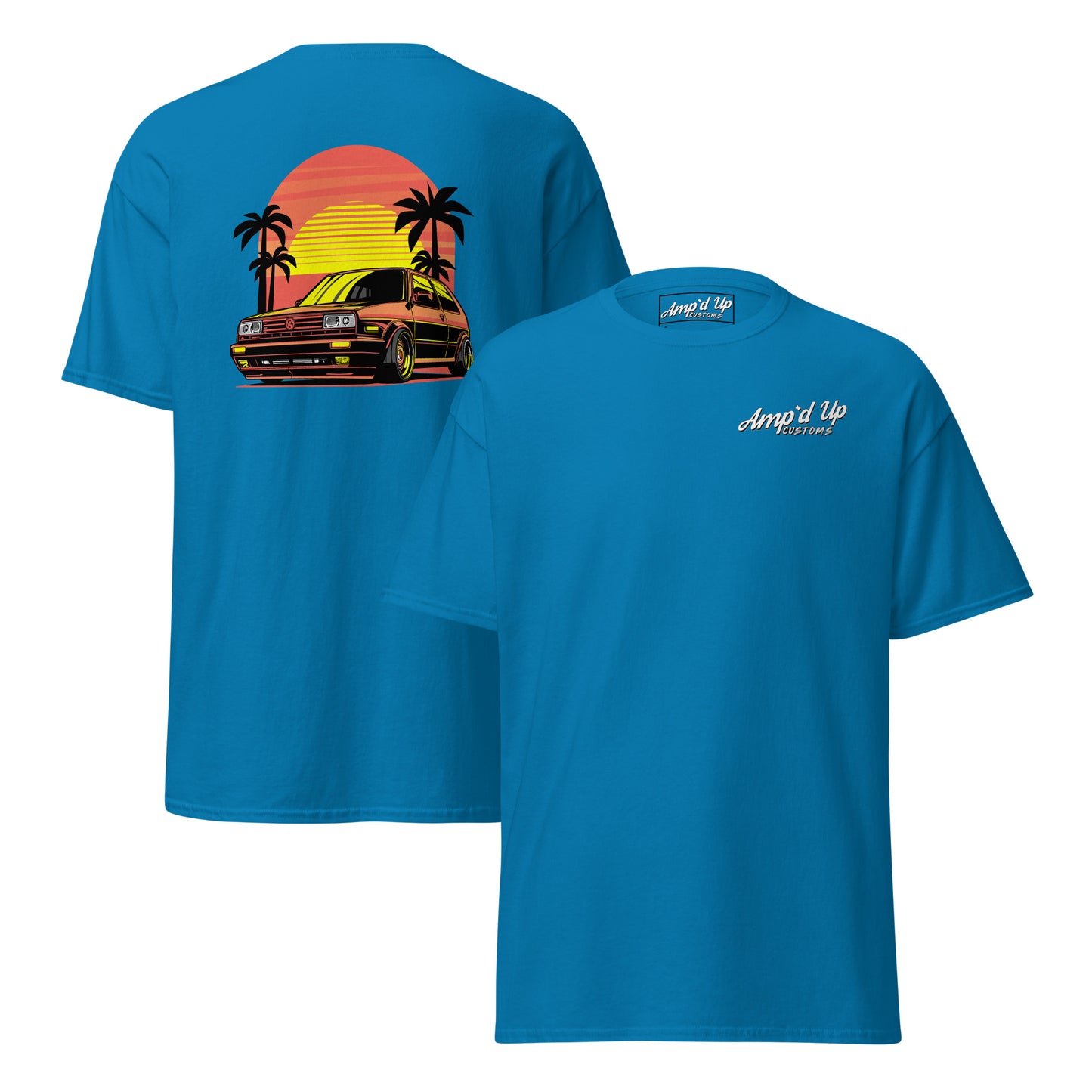 Sunset Volkswagen T-Shirt featuring a vibrant back illustration of a car and palm trees