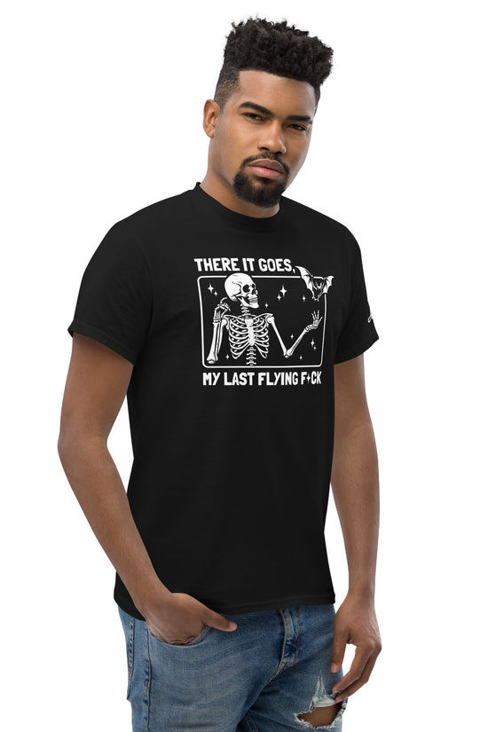 Man wearing black There it goes My Last Flying F*ck T-Shirt with skeleton graphic and white text