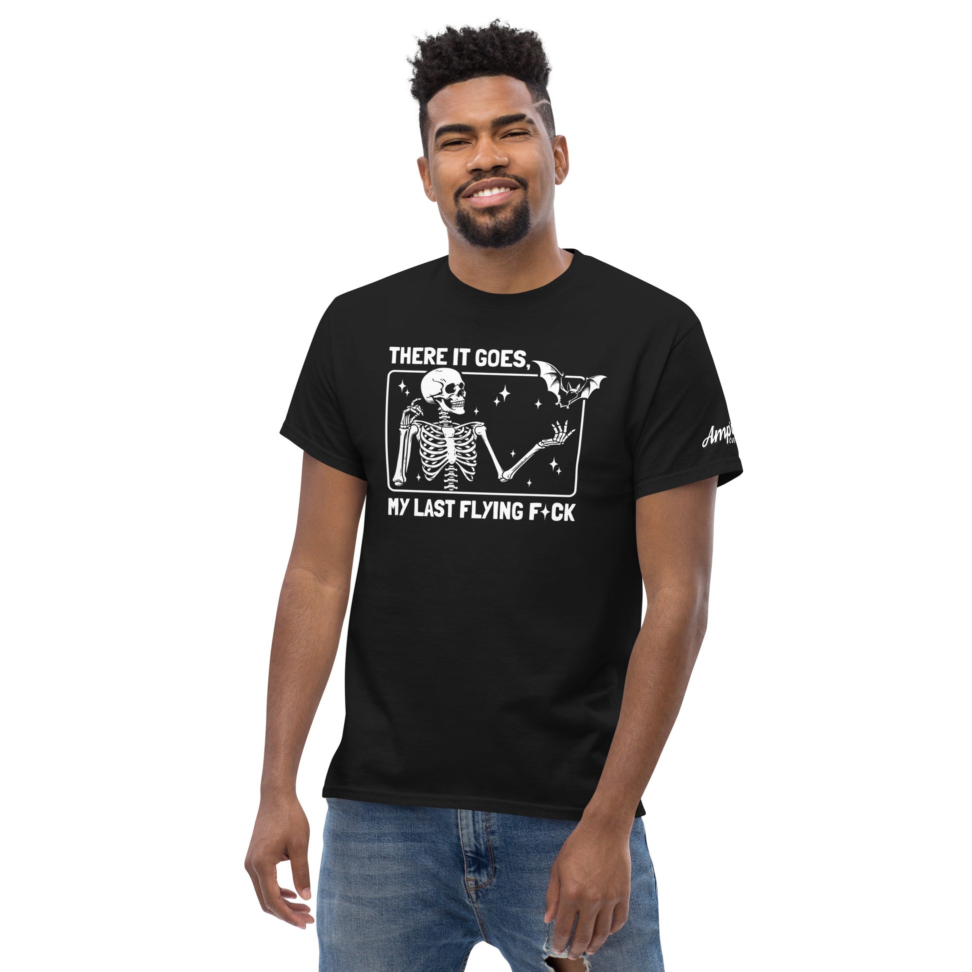 Black There it goes My Last Flying F*ck T-Shirt with skeleton and bat graphic by Amp'd Up Custom