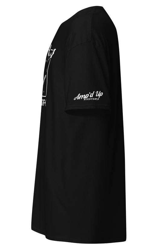 Black Amp'd Up Custom T-shirt side view featuring There it goes My Last Flying F*ck T-Shirt design
