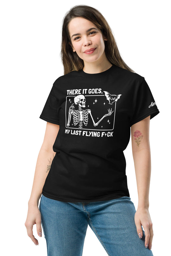 There it goes My Last Flying F*ck T-Shirt black with skeleton and bird graphic worn by woman