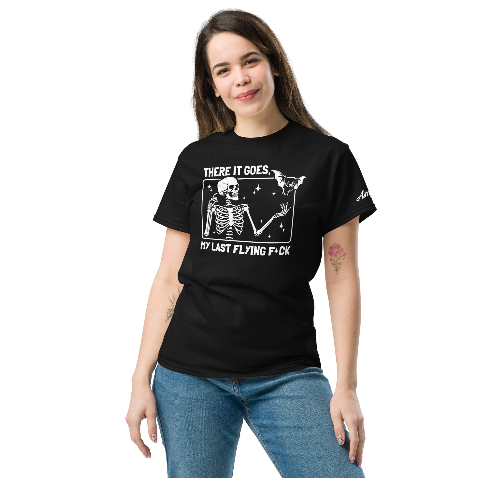 There it goes My Last Flying F*ck T-Shirt black with skeleton and bird graphic worn by woman