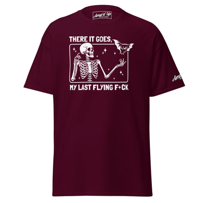 Amp'd Up Custom maroon T-shirt with skeleton and bat graphic saying There it goes, My Last Flying F*ck T-Shirt