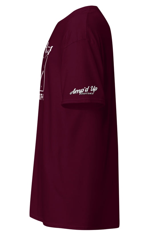 Amp'd Up Custom maroon There it goes, My Last Flying F*ck T-Shirt side view with sleeve logo