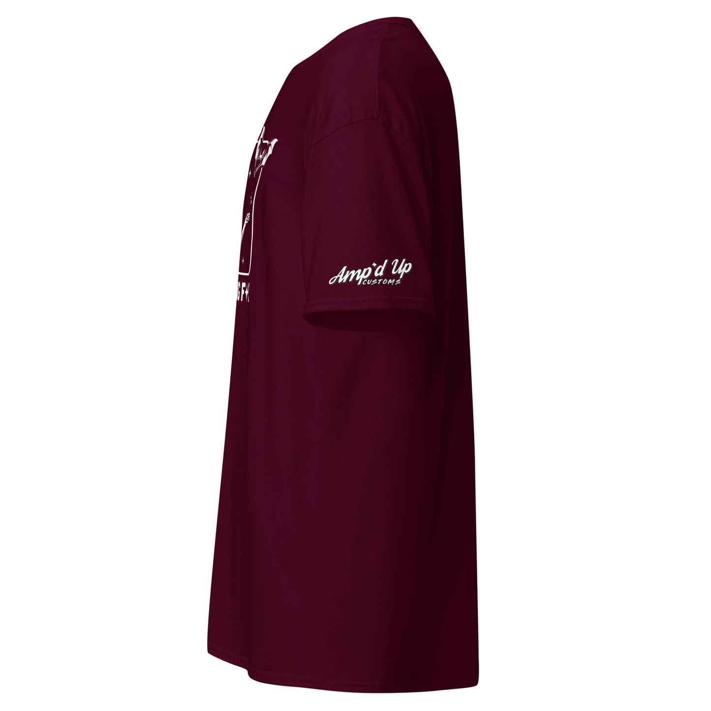 Amp'd Up Custom maroon There it goes, My Last Flying F*ck T-Shirt side view with sleeve logo