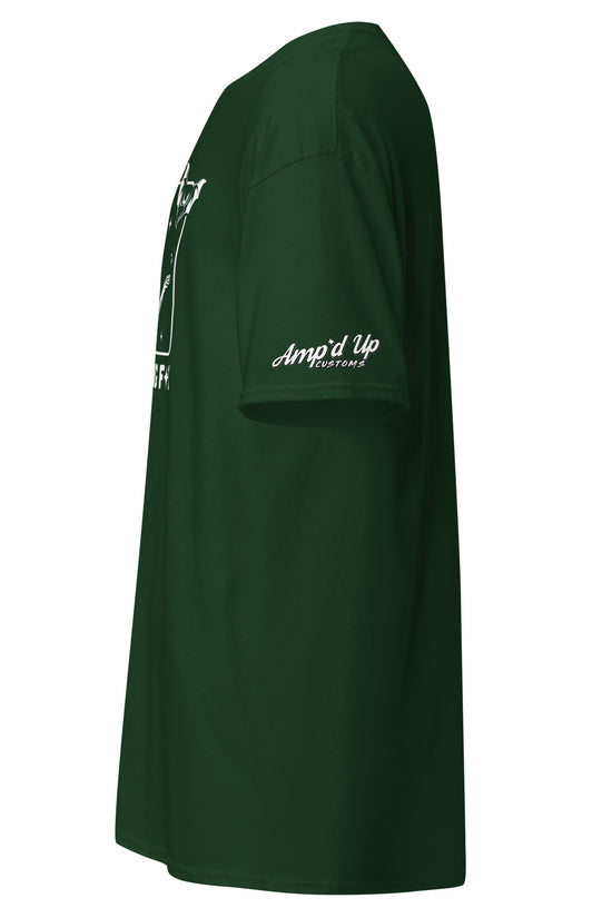 Side view of Amp'd Up Custom There it goes, My Last Flying F*ck T-Shirt in dark green