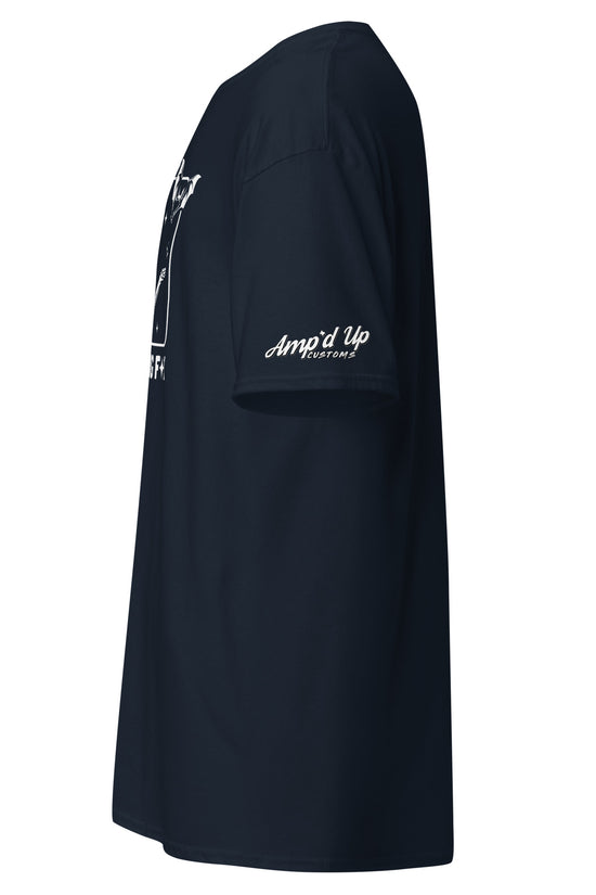 Side view of black There it goes, My Last Flying F*ck T-Shirt by Amp'd Up Custom with logo on sleeve