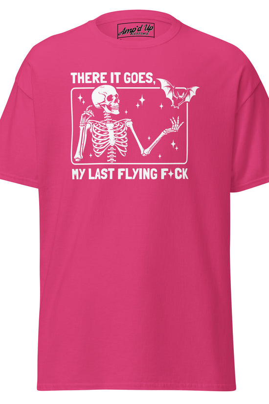 There it goes, My Last Flying F*ck T-Shirt in pink with white skeleton and bat graphic from Amp'd Up Custom