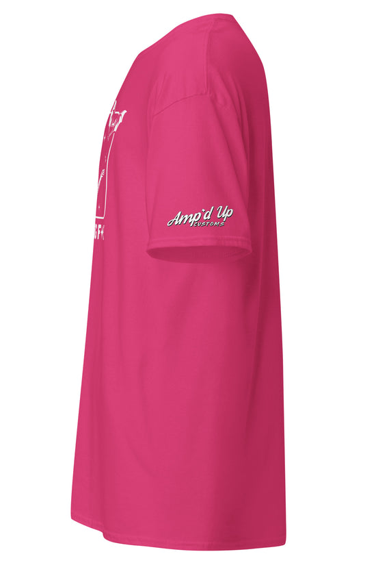 Amp'd Up Custom pink T-shirt side view with There it goes, My Last Flying F*ck T-Shirt design printed