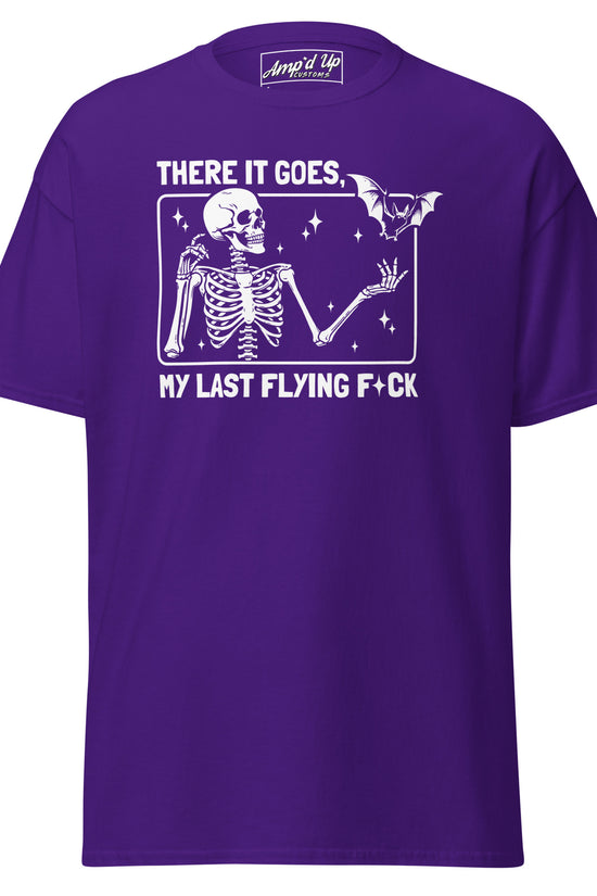 There it goes My Last Flying F*ck T-Shirt by Amp'd Up Custom purple tee with skeleton and bat graphic