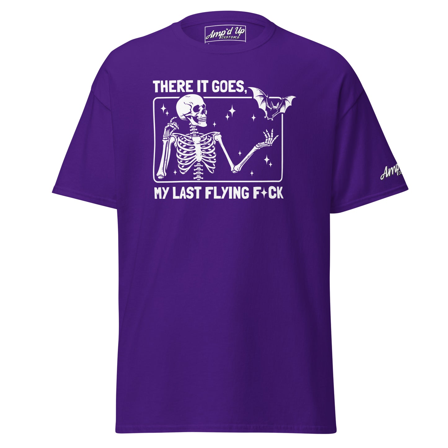 There it goes My Last Flying F*ck T-Shirt by Amp'd Up Custom purple tee with skeleton and bat graphic