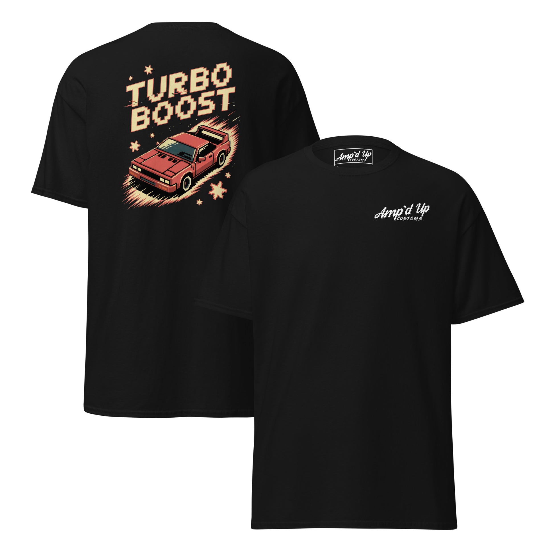 Black T-shirt from Amp'd Up Custom with Turbo Boost T-Shirt Graphic on Back featuring a retro red car design