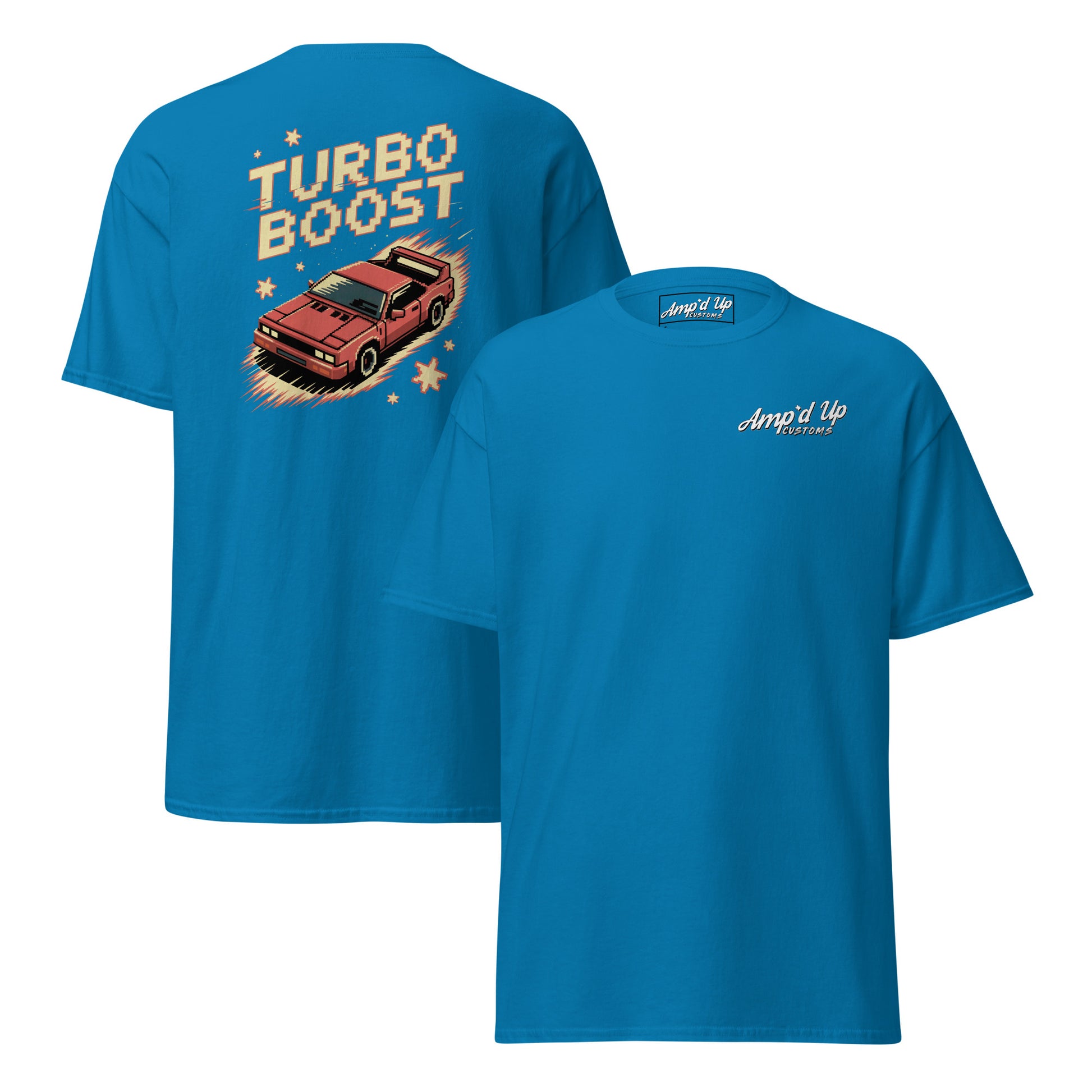 Blue Amp'd Up Custom T-shirt with Turbo Boost T-Shirt Graphic on Back featuring a vintage red car design