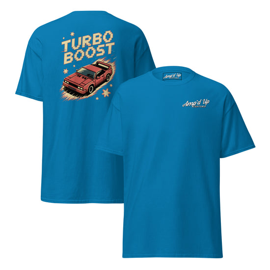 Blue Amp'd Up Custom T-shirt with Turbo Boost T-Shirt Graphic on Back featuring a vintage red car design