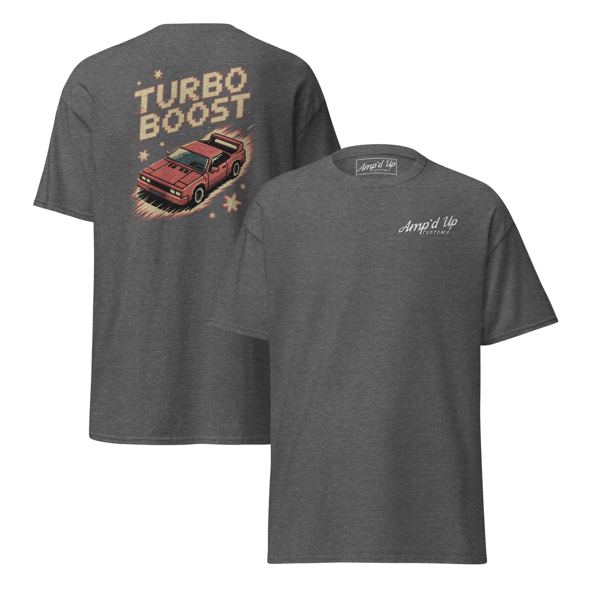 Amp'd Up Custom gray T-shirt with Turbo Boost T-Shirt Graphic on Back featuring a retro car design
