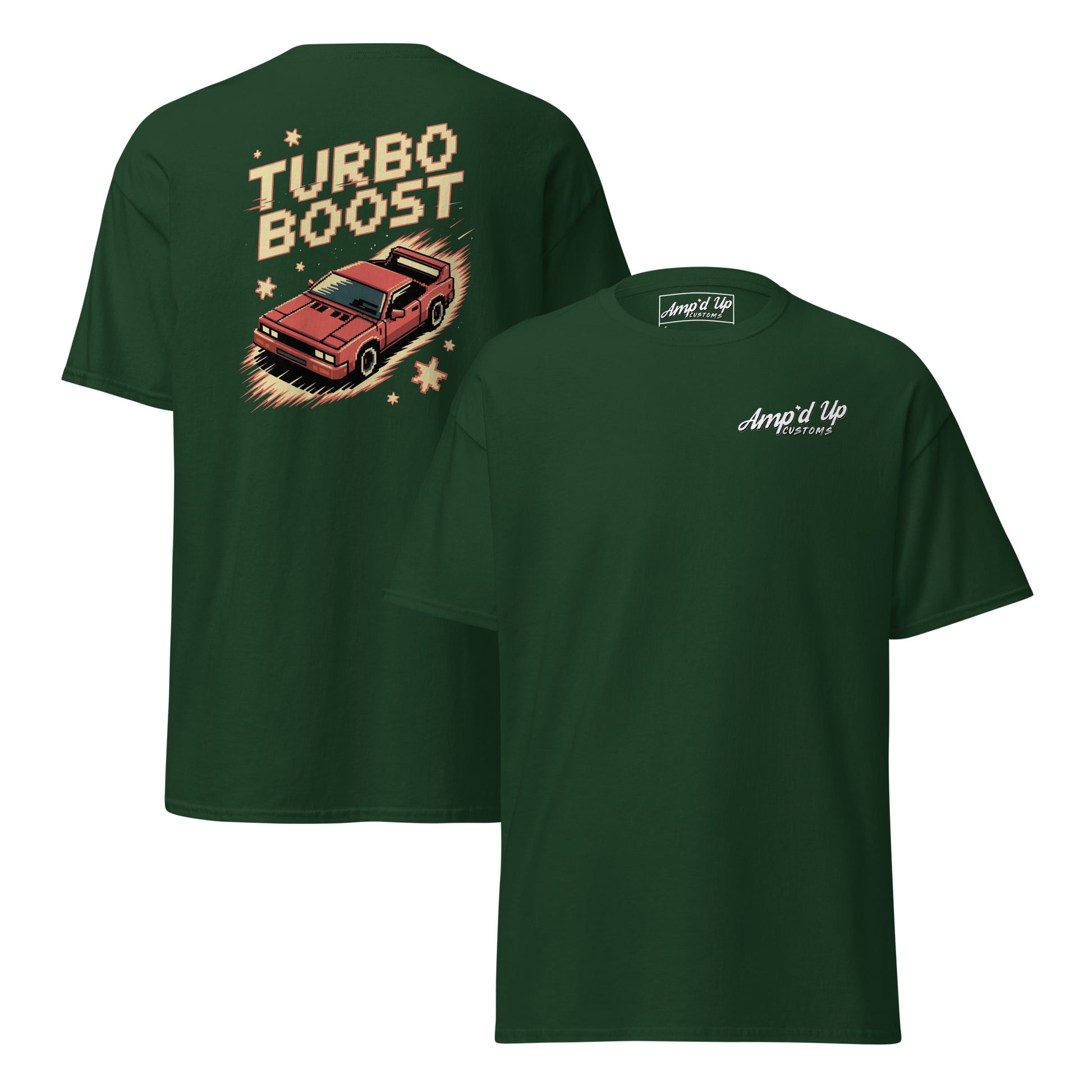 Amp'd Up Custom green T-shirt with Turbo Boost T-Shirt Graphic on Back and logo on front chest