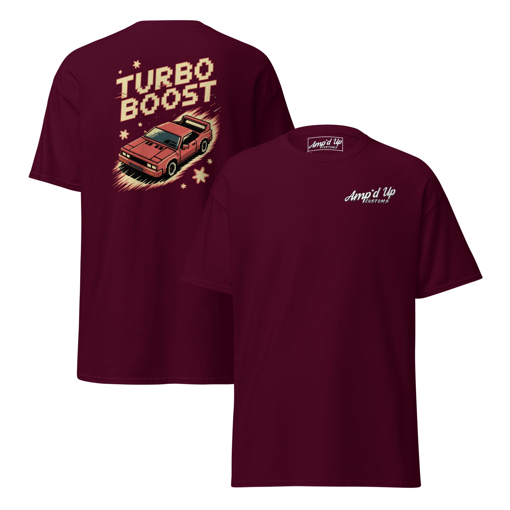 Amp'd Up Custom maroon T-shirt with Turbo Boost T-Shirt Graphic on Back featuring a retro car design