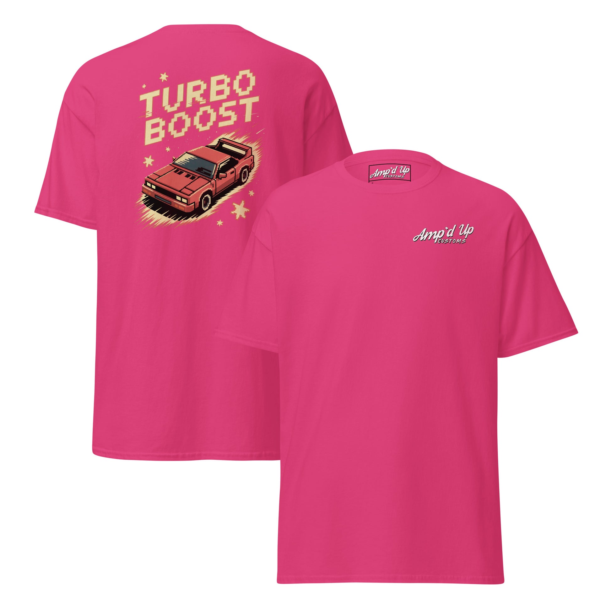 Amp'd Up Custom pink T-shirt with Turbo Boost T-Shirt Graphic on Back featuring a retro car design
