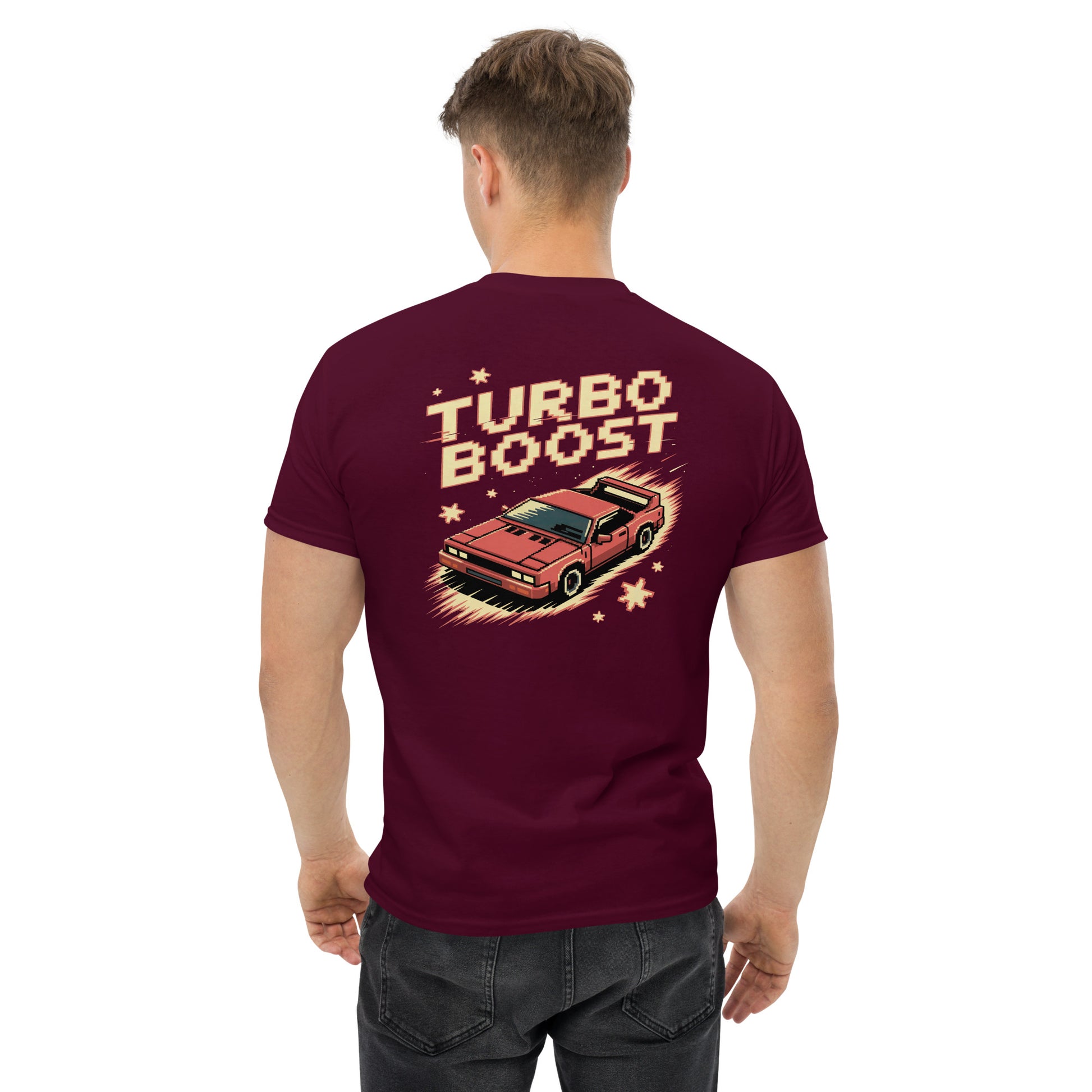 Amp'd Up Custom maroon T-shirt with Turbo Boost T-Shirt Graphic on Back featuring a red vintage car design