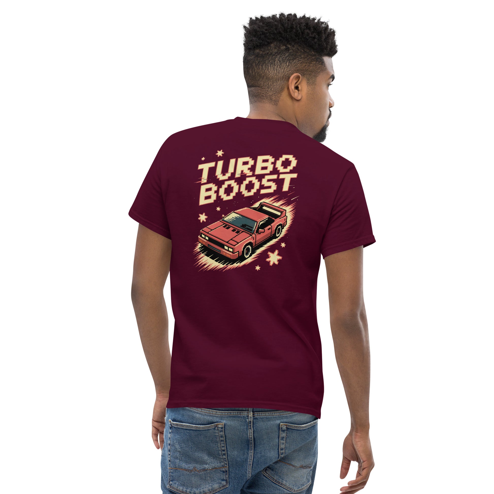 Amp'd Up Custom Turbo Boost T-Shirt Graphic on Back with red car design on maroon shirt