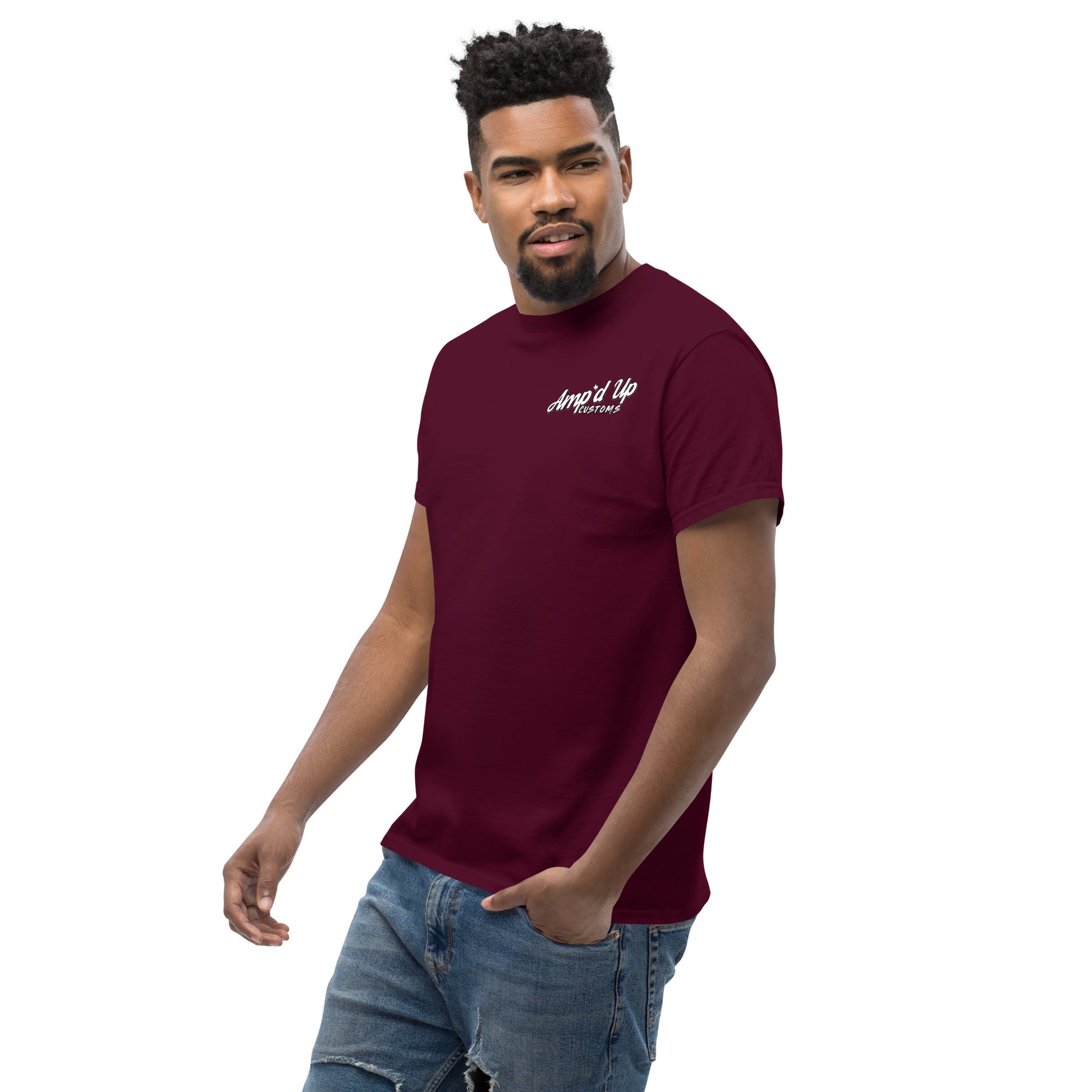 Man wearing a maroon Amp'd Up Custom T-shirt with Turbo Boost T-Shirt Graphic on Back and light blue jeans