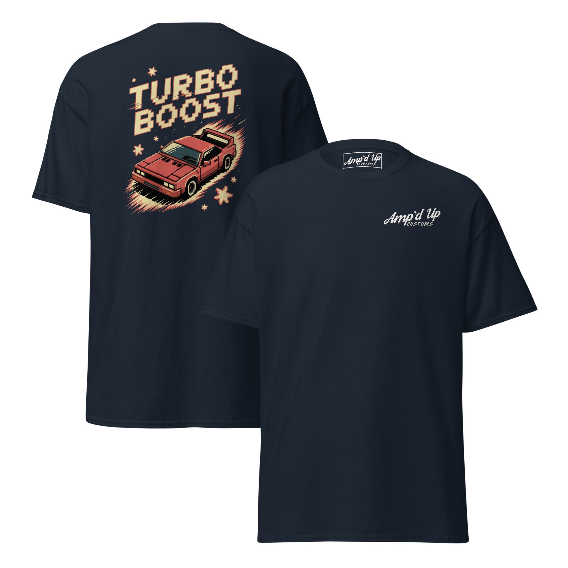 Amp'd Up Custom black T-shirt with Turbo Boost T-Shirt Graphic on Back and small logo on front