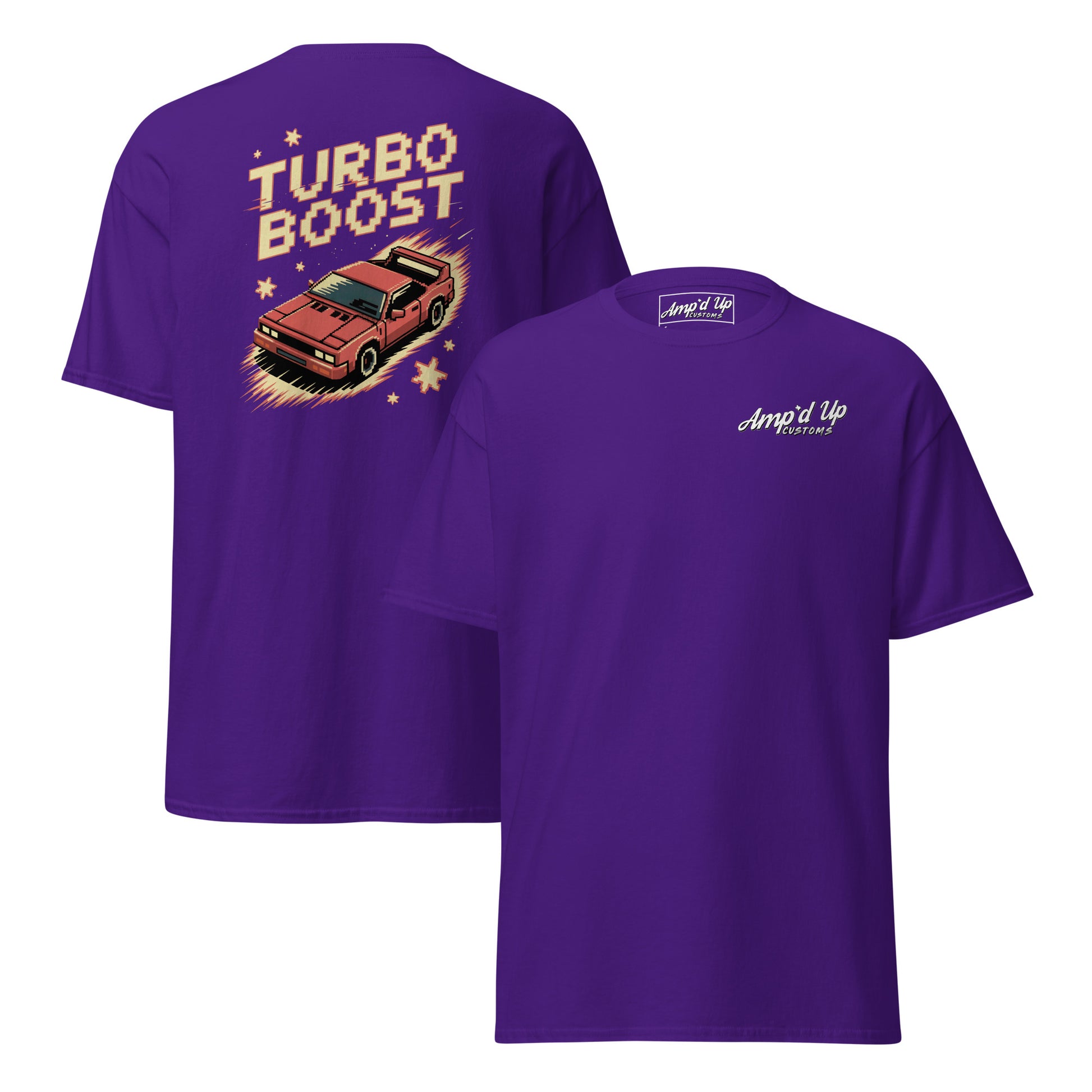 Purple Amp'd Up Custom T-shirt with Turbo Boost T-Shirt Graphic on Back and small logo on front