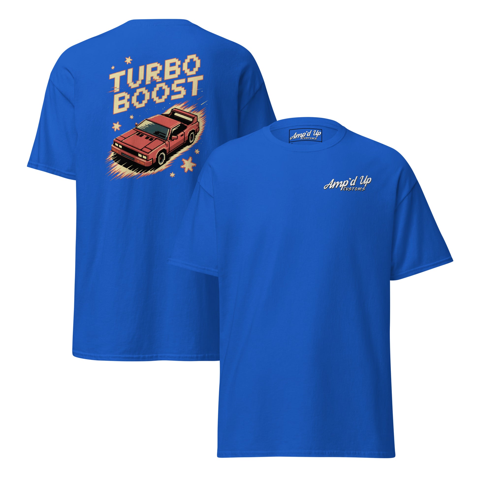 Blue Amp'd Up Custom T-shirt with Turbo Boost T-Shirt Graphic on Back and small front logo
