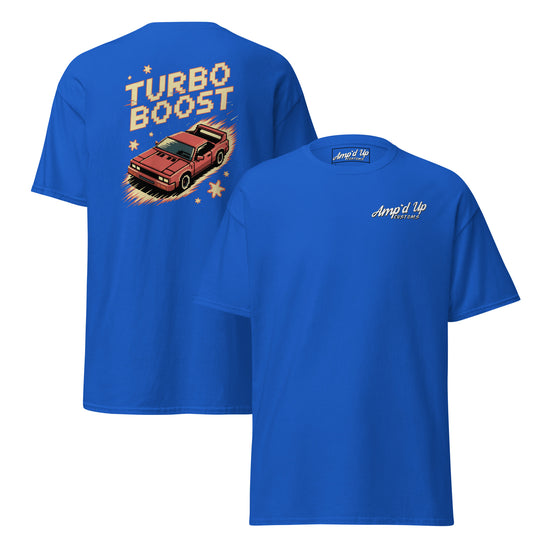 Blue Amp'd Up Custom T-shirt with Turbo Boost T-Shirt Graphic on Back and small front logo