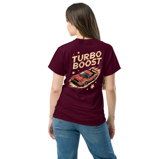 Maroon T-shirt with Turbo Boost T-Shirt Graphic on Back showing a retro car design worn by a woman