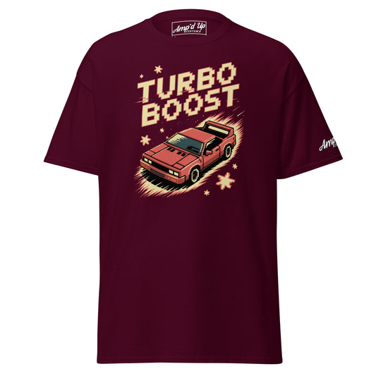 Maroon Turbo Boost T-Shirt by Amp'd Up Custom featuring pixel art car design and bold lettering