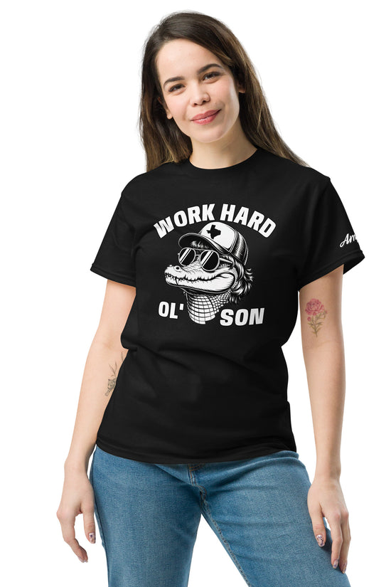 Woman wearing black Work Hard Ol' Son T-Shirt with alligator graphic and sunglasses