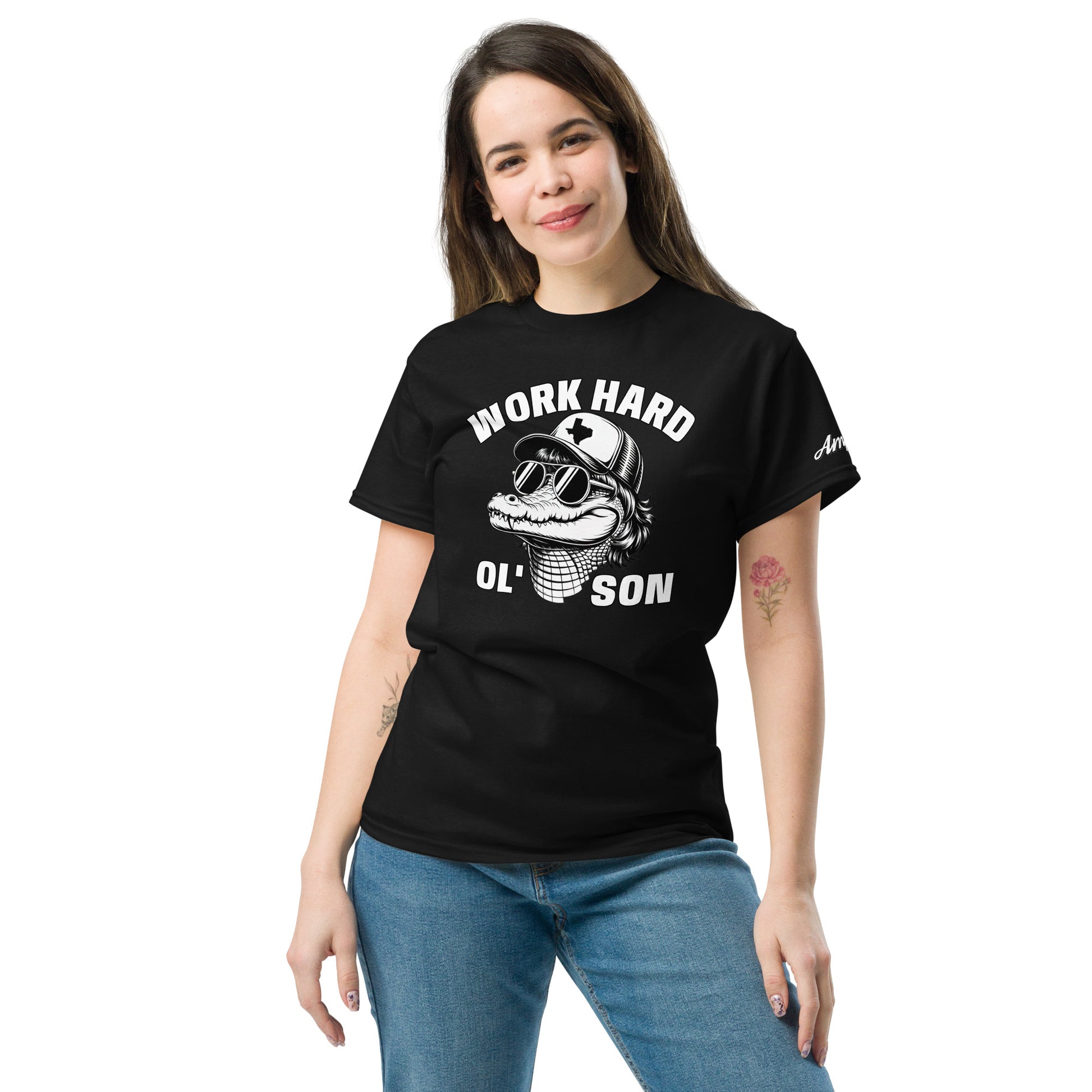 Woman wearing black Work Hard Ol' Son T-Shirt with alligator graphic and sunglasses
